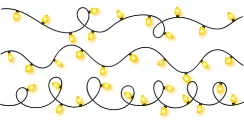 Three strings of yellow christmas lights on black cords against a white background in a flat lay style vector