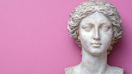 Fototapeta premium A close-up of a classical marble bust, likely Roman or Greek, featuring a woman's head and shoulders, set against a vibrant, contrasting bright pink background. Use for art, history, fashion