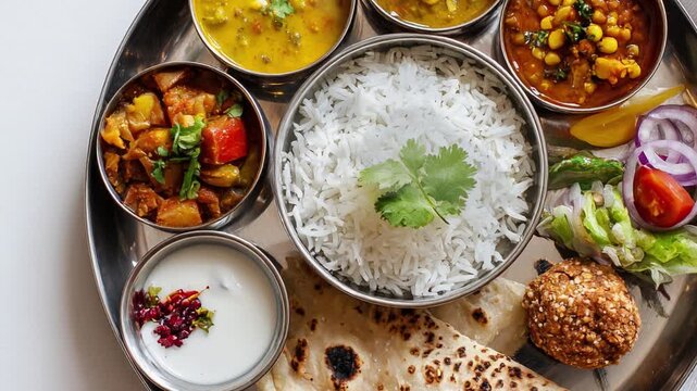 Traditional indian thali meal with rice, dal, curry, bread, and yogurt overhead