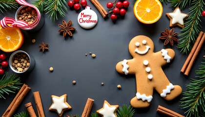 Festive Christmas gingerbread man with holiday decorations on a dark background