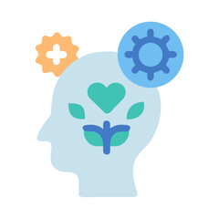Mental wellness conceptual illustration with head silhouette, heart, plant, and gears