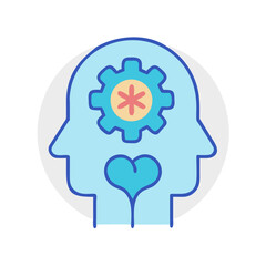 Mental health concept illustration: head silhouette with gear and heart icon
