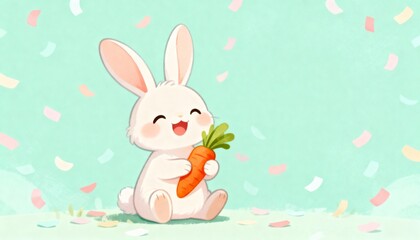 Fototapeta premium Happy cartoon bunny holding a big carrot. Cute smiling rabbit character illustration for an Easter celebration with confetti and copy space