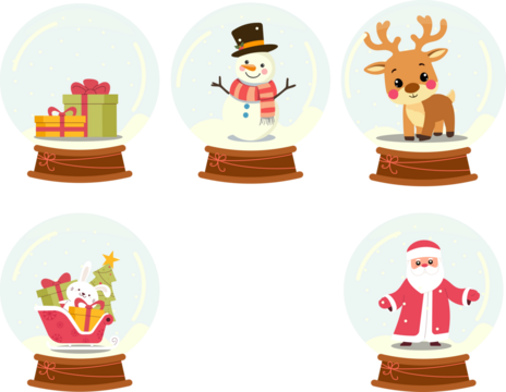 Five cute Christmas snow globes display a reindeer, snowman, Santa Claus, a bunny in a sleigh with gifts, and wrapped presents inside falling snow.