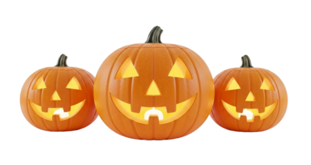 Three glowing jack o lanterns with carved faces on a striped background halloween pumpkin
