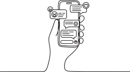 Hand holding phone with short messages, icons and emoticons. Chatting with friends and sending new messages. one line Icon drawing