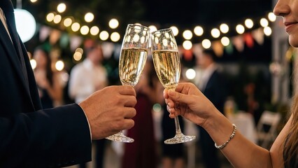 Couple Toasting with Champagne Glasses at a Romantic Evening Celebration Outdoors.