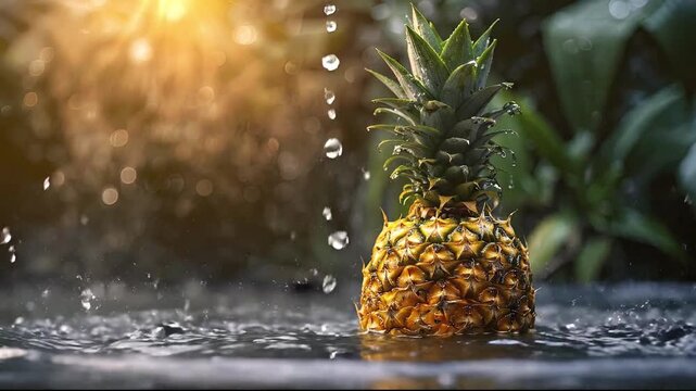 A ripe pineapple is partially submerged in water surrounded by splashing droplets and a warm golden sunbeam in the background