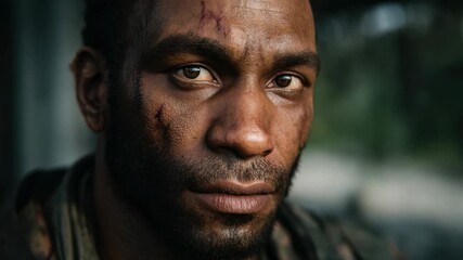 Close-up of a man with scars showing emotions in an urban setting during the afternoon