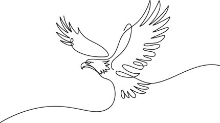Bird of prey flying in continuous line art drawing style. Eagle in flight black linear design. one line Icon drawing