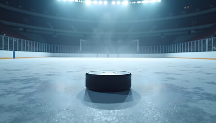 Hockey puck on the ice in an empty arena before a game