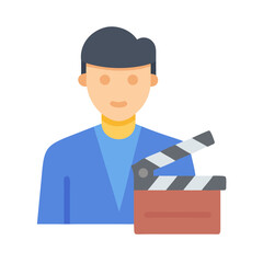 Simple illustration of a film maker with a clapperboard against a black background
