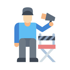 Flat design illustration of film director with megaphone on black background.