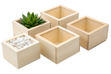 Set of five minimalist wooden square planter boxes, perfect for succulents and small plants, offering a natural and decorative touch to any space