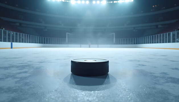 Hockey puck on the ice in an empty arena before a game