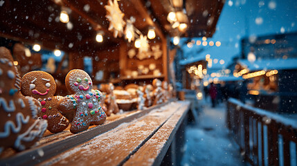 Gingerbread cookies decorated with colorful icing are displayed at a festive market stall, surrounded by twinkling lights and a snowy winter atmosphere, evoking holiday cheer and warmth