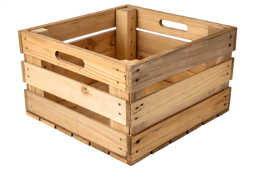 An empty wooden crate made of natural pine wood. A versatile storage box or container for shipping and decor, isolated on a white background