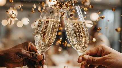 Two hands clinking champagne flutes filled with sparkling beverage, surrounded by festive confetti, celebrating a joyful occasion with a warm and inviting atmosphere