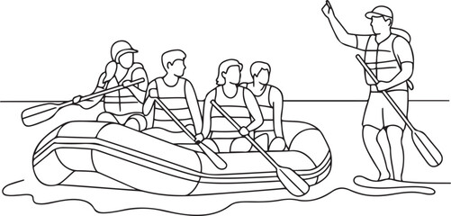 A group of people float on an inflatable raft on the water. The rafting instructor is responsible for safety, controls the route and gives instructions. one line Icon drawing