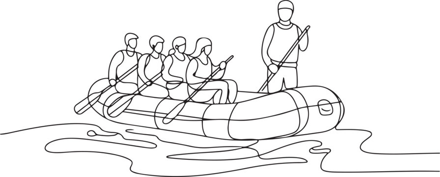 A group of people float on an inflatable raft on the water. The rafting instructor is responsible for safety, controls the route and gives instructions. one line Icon drawing - Powered by Adobe