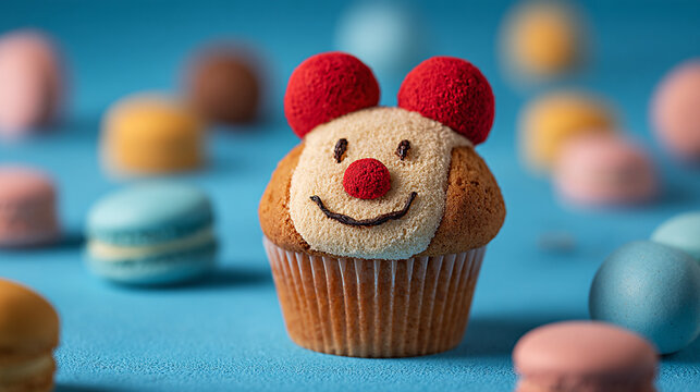 Colorful clown-themed cupcake with smiling face design, surrounded by pastel macarons on a vibrant blue background, creating a playful and festive atmosphere for celebrations