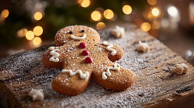 Gingerbread cookie shaped like a cheerful man, decorated with icing and candy, resting on a rustic wooden surface with festive bokeh lights in the background, evoking holiday spirit - Powered by Adobe