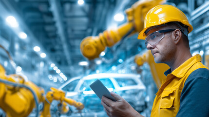 In a busy factory setting, a worker wearing protective gear holds a tablet while observing robotic arms assembling vehicles. The environment is bright and filled with advanced technology