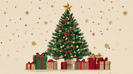 Fototapeta premium Decorated Christmas tree with a star topper and ribbon-wrapped gift boxes, ideal for festive greeting cards and seasonal illustrations