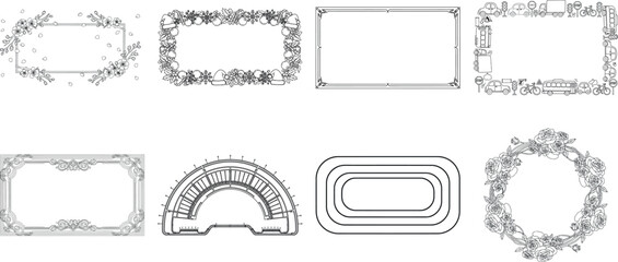 Collection of decorative frames and borders in black and white isolated on transparent background