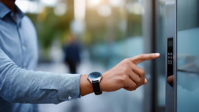 A close up of a man's hand using a digital keypad entry system on a glass building highlights secure access. The image emphasizes modern workplace security and smart technology integration