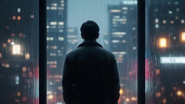 A man looks out the window at the city on a rainy day in the evening, lost in thought about future
