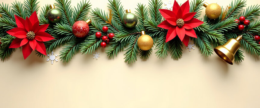 Festive Christmas garland with poinsettias, ornaments, and a golden bell - Powered by Adobe