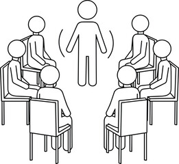 Group meeting icon, seated figures, speaker in center, leadership symbol, team discussion, collaboration concept, flat vector illustration