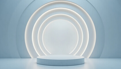 Minimalist product display stage with glowing archway background