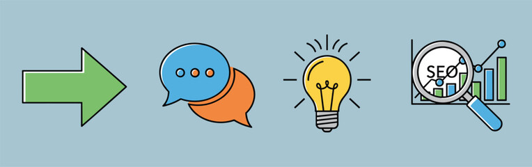 Process icon set, communication, idea generation, SEO analysis, business concept, colorful symbols, light bulb, flat vector illustration