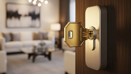 Golden key in door lock opening to living room