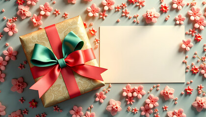 Gift box with a green and red bow, surrounded by pink flowers and a blank card