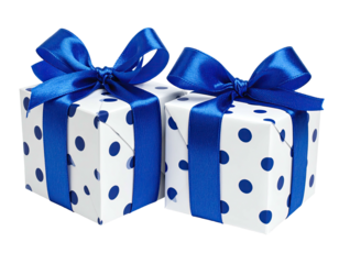 Two square gift boxes wrapped in white paper with blue polka dots and tied with satin blue ribbons
