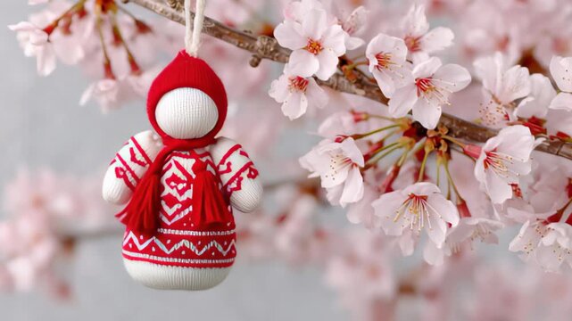 Traditional Martisor doll ornament hanging among cherry blossoms
