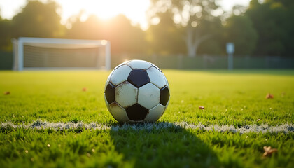 Fototapeta premium Soccer ball on a green field with a goal in the background at sunset