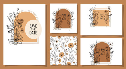 Elegant wedding invitation template set with 'Save the Date' text, featuring hand-drawn wildflowers and abstract shapes in earthy tones.