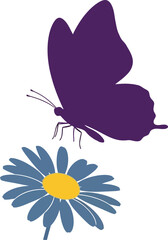Majestic dark purple butterfly alights gently upon a delicate blue daisy flower symbolizing nature's beauty and delicate balance isolated on white background
