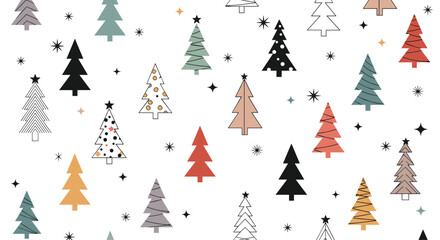 Obraz premium Festive seamless Christmas pattern with a variety of stylized trees in different colors and patterns, interspersed with sparkling stars.