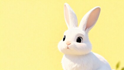 Obraz premium Cute fluffy white rabbit on a plain yellow background. Adorable baby bunny portrait with copy space. Easter and spring holiday illustration