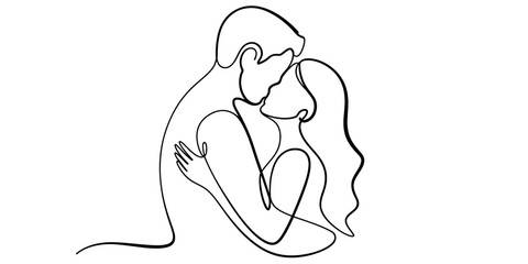 Continuous line art drawing of a romantic couple embracing and sharing a tender kiss, symbolizing love, connection, and intimacy in a minimalist style. Vector, illustration