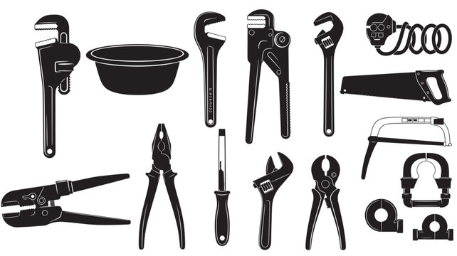 Set of black and white plumbing tools vector illustration of various equipment isolated on white background