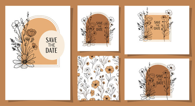 Elegant wedding invitation template set with 'Save the Date' text, featuring hand-drawn wildflowers and abstract shapes in earthy tones.