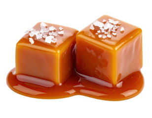 Two glistening, cube-shaped caramel candies, sprinkled with sea salt, sit on a clear background