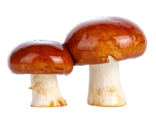 Two brown capped mushrooms with white stems against a transparent background