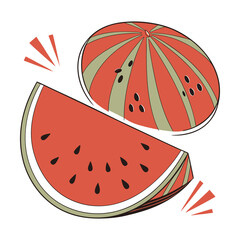A stylized illustration of a whole watermelon and a large slice, featuring bold red and green stripes and black seeds, isolated on